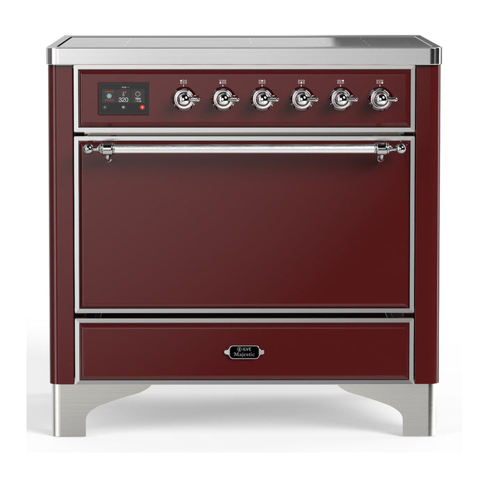 ILVE 36 Inch Majestic III Burgundy Induction with 6 Elements and 3.5 Cu. Ft. Oven Capacity in Solid Door Chrome