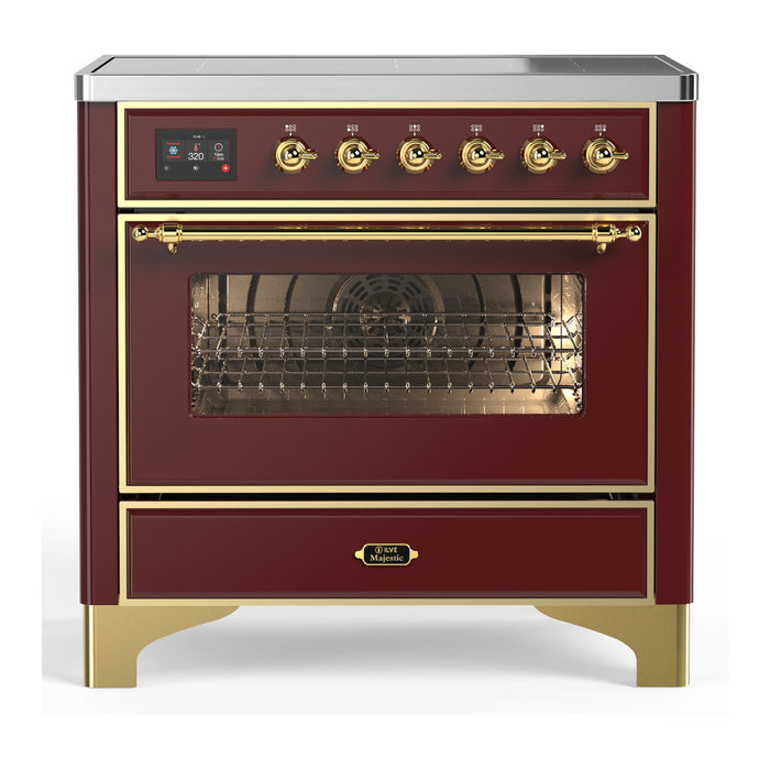ILVE 36 Inch Majestic III Burgundy Induction with 6 Elements and 3.5 Cu. Ft. Oven Capacity in Triple Glass Door Brass