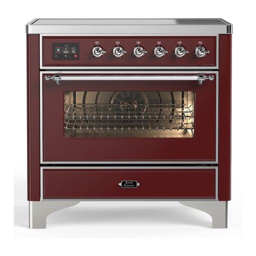 ILVE 36 Inch Majestic III Burgundy Induction with 6 Elements and 3.5 Cu. Ft. Oven Capacity in Triple Glass Door Chrome