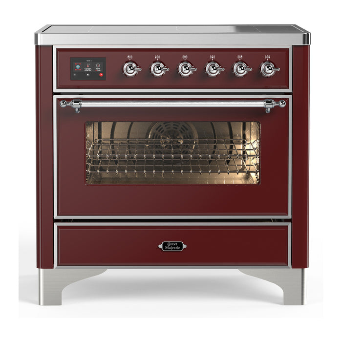 ILVE 36 Inch Majestic III Burgundy Induction with 6 Elements and 3.5 Cu. Ft. Oven Capacity in Triple Glass Door Chrome