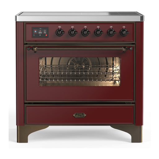 ILVE 36 Inch Majestic III Burgundy Induction with 6 Elements and 3.5 Cu. Ft. Oven Capacity in Triple Glass Door Burnished