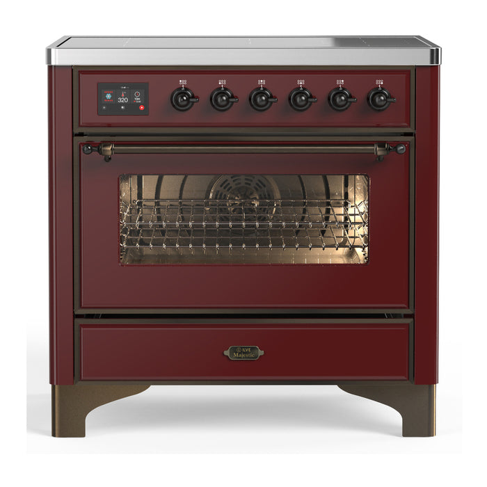 ILVE 36 Inch Majestic III Burgundy Induction with 6 Elements and 3.5 Cu. Ft. Oven Capacity in Triple Glass Door Burnished