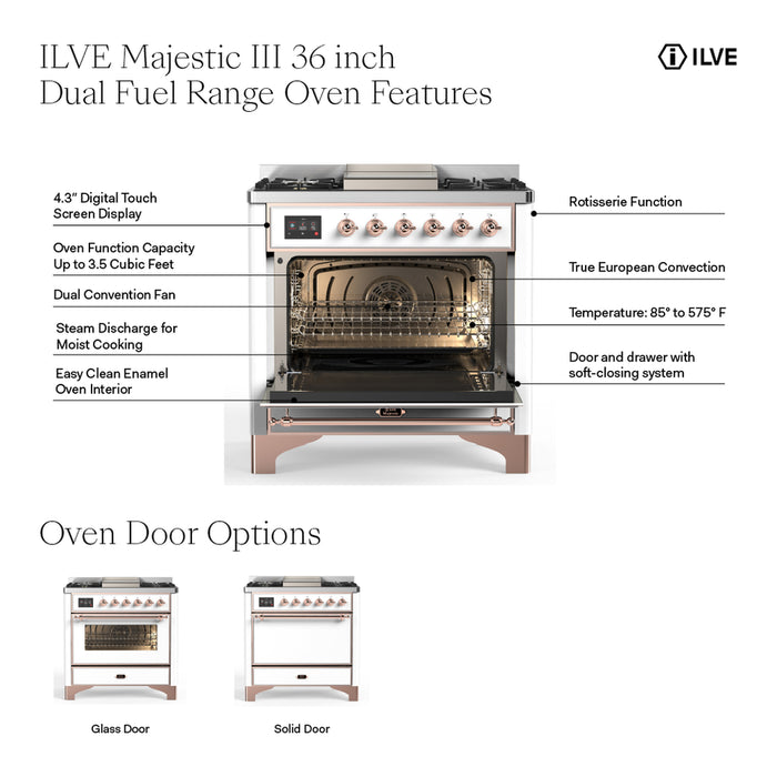 ILVE 36 Inch Majestic III Custom Color (RAL) Dual Fuel Range with 6 Black Brass Burners, Griddle and Dual Function Burner up to 25,000 BTU in Solid Door Features