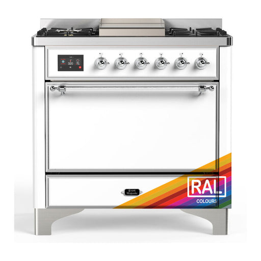 ILVE 36 Inch Majestic III Custom Color (RAL) Dual Fuel Range with 6 Black Brass Burners, Griddle and Dual Function Burner up to 25,000 BTU in Solid Door Chrome