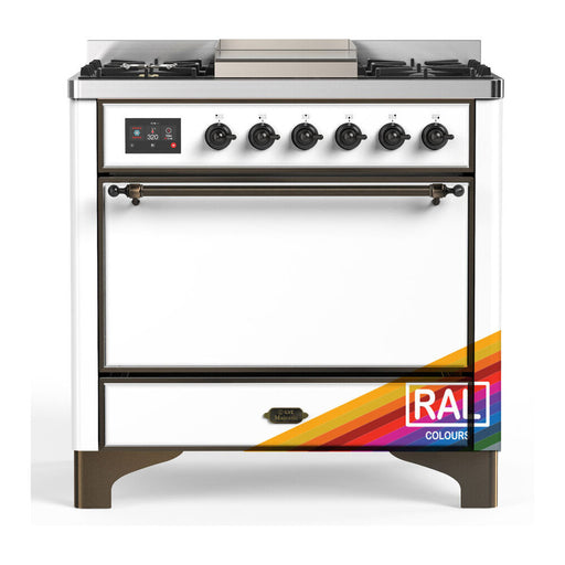 ILVE 36 Inch Majestic III Custom Color (RAL) Dual Fuel Range with 6 Black Brass Burners, Griddle and Dual Function Burner up to 25,000 BTU in Solid Door Burnished