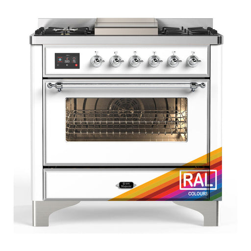 ILVE 36 Inch Majestic III Custom Color (RAL) Dual Fuel Range with 6 Black Brass Burners, Griddle and Dual Function Burner up to 25,000 BTU in Triple Glass Door Chrome