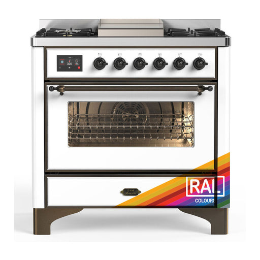 ILVE 36 Inch Majestic III Custom Color (RAL) Dual Fuel Range with 6 Black Brass Burners, Griddle and Dual Function Burner up to 25,000 BTU in Triple Glass Door Burnished
