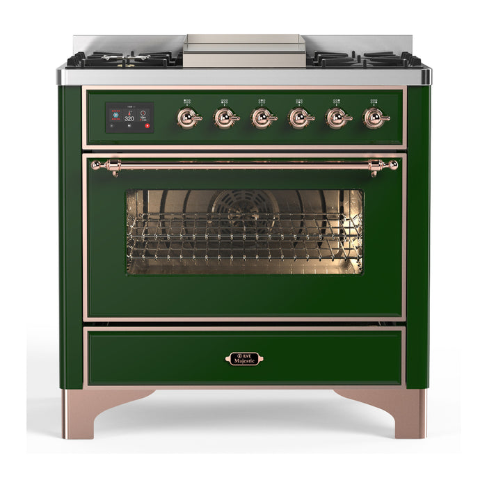 ILVE 36 Inch Majestic III Emerald Green Dual Fuel Range with 6 Black Brass Burners, Griddle and Dual Function Burner up to 25,000 BTU in Triple Glass Door Copper