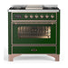 ILVE 36 Inch Majestic III Emerald Green Dual Fuel Range with 6 Black Brass Burners, Griddle and Dual Function Burner up to 25,000 BTU in Triple Glass Door Copper