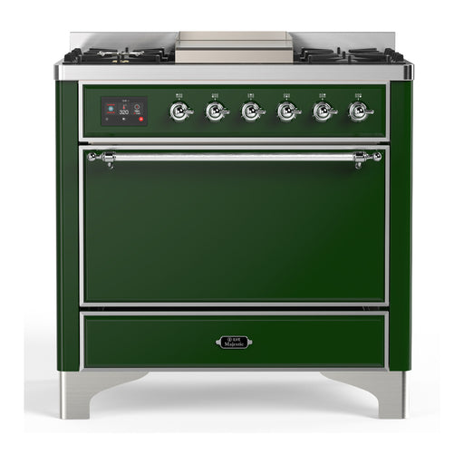 ILVE 36 Inch Majestic III Emerald Green Dual Fuel Range with 6 Black Brass Burners, Griddle and Dual Function Burner up to 25,000 BTU in Solid Door Chrome
