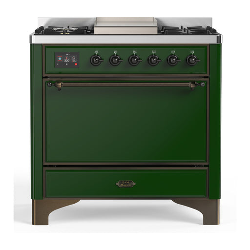 ILVE 36 Inch Majestic III Emerald Green Dual Fuel Range with 6 Black Brass Burners, Griddle and Dual Function Burner up to 25,000 BTU in Solid Door Burnished