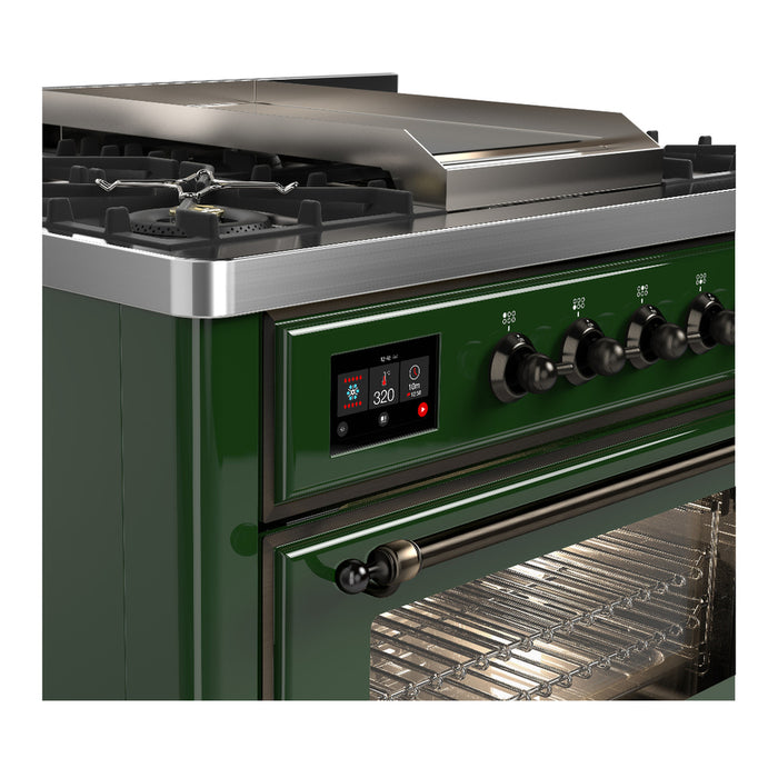 ILVE 36 Inch Majestic III Emerald Green Dual Fuel Range with 6 Black Brass Burners, Griddle and Dual Function Burner up to 25,000 BTU in Triple Glass Door Side