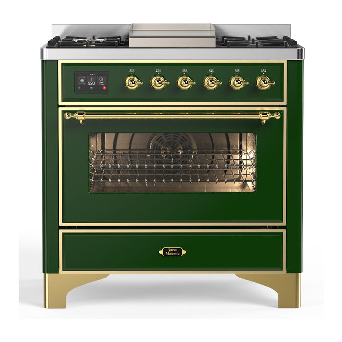 ILVE 36 Inch Majestic III Emerald Green Dual Fuel Range with 6 Black Brass Burners, Griddle and Dual Function Burner up to 25,000 BTU in Triple Glass Door Brass