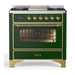 ILVE 36 Inch Majestic III Emerald Green Dual Fuel Range with 6 Black Brass Burners, Griddle and Dual Function Burner up to 25,000 BTU in Triple Glass Door Brass