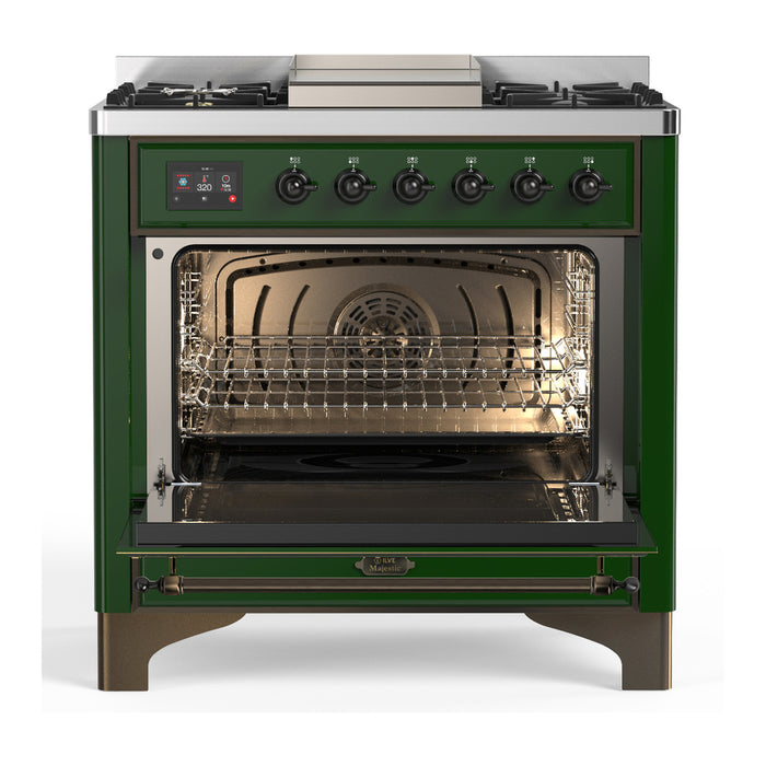 ILVE 36 Inch Majestic III Emerald Green Dual Fuel Range with 6 Black Brass Burners, Griddle and Dual Function Burner up to 25,000 BTU in Triple Glass Door Open