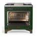 ILVE 36 Inch Majestic III Emerald Green Dual Fuel Range with 6 Black Brass Burners, Griddle and Dual Function Burner up to 25,000 BTU in Triple Glass Door Open