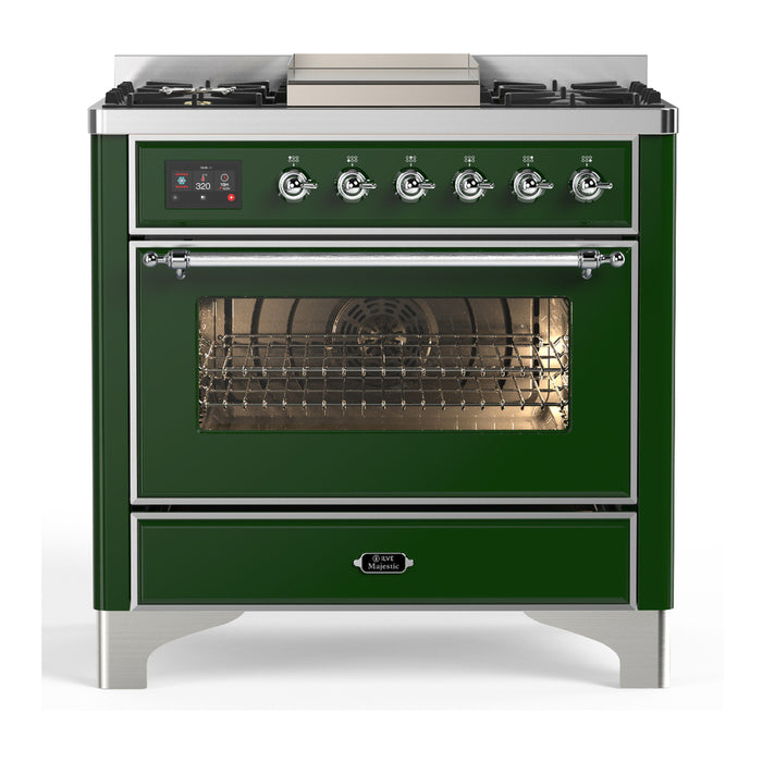 ILVE 36 Inch Majestic III Emerald Green Dual Fuel Range with 6 Black Brass Burners, Griddle and Dual Function Burner up to 25,000 BTU in Triple Glass Door Chrome