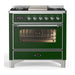 ILVE 36 Inch Majestic III Emerald Green Dual Fuel Range with 6 Black Brass Burners, Griddle and Dual Function Burner up to 25,000 BTU in Triple Glass Door Chrome