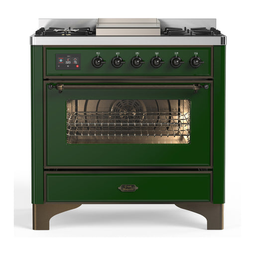 ILVE 36 Inch Majestic III Emerald Green Dual Fuel Range with 6 Black Brass Burners, Griddle and Dual Function Burner up to 25,000 BTU in Triple Glass Door Burnished