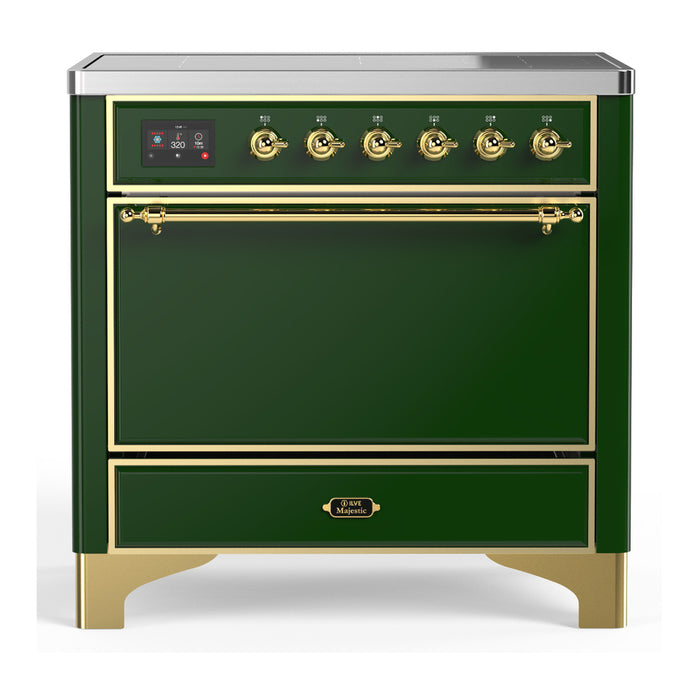 ILVE 36 Inch Majestic III Emerald Green Induction with 6 Elements and 3.5 Cu. Ft. Oven Capacity in Solid Door Brass