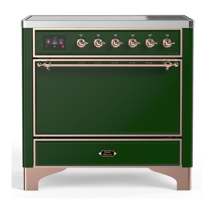 ILVE 36 Inch Majestic III Emerald Green Induction with 6 Elements and 3.5 Cu. Ft. Oven Capacity in Solid Door Copper