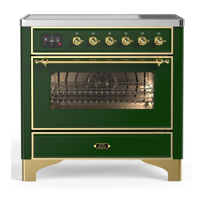ILVE 36 Inch Majestic III Emerald Green Induction with 6 Elements and 3.5 Cu. Ft. Oven Capacity in Triple Glass Door Brass