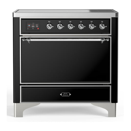 ILVE 36 Inch Majestic III Glossy Black Induction with 6 Elements and 3.5 Cu. Ft. Oven Capacity in Solid Door Chrome
