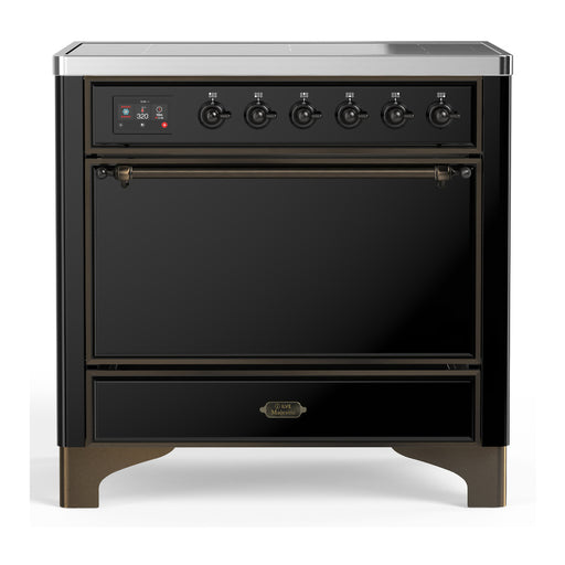 ILVE 36 Inch Majestic III Glossy Black Induction with 6 Elements and 3.5 Cu. Ft. Oven Capacity in Solid Door Burnished