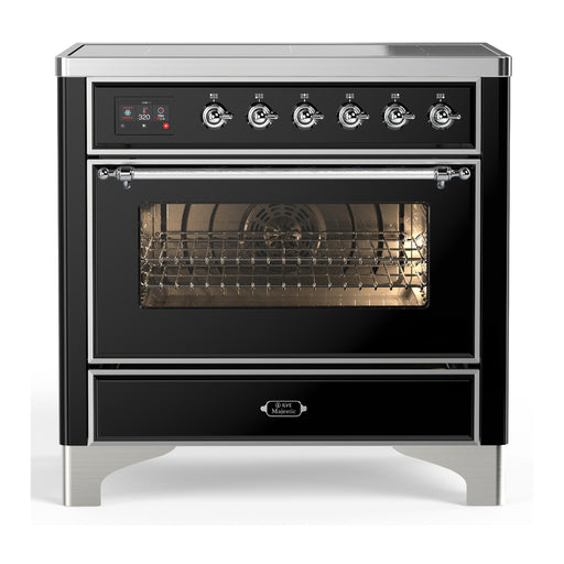 ILVE 36 Inch Majestic III Glossy Black Induction with 6 Elements and 3.5 Cu. Ft. Oven Capacity in Triple Glass Door Chrome