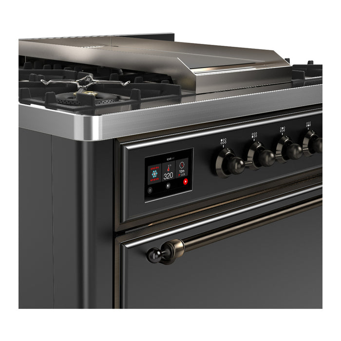 ILVE 36 Inch Majestic III Matte Graphite Dual Fuel Range with 6 Black Brass Burners, Griddle and Dual Function Burner up to 25,000 BTU in Solid Door Side