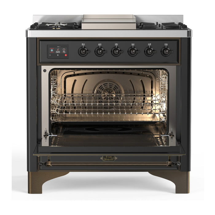ILVE 36 Inch Majestic III Matte Graphite Dual Fuel Range with 6 Black Brass Burners, Griddle and Dual Function Burner up to 25,000 BTU in Solid Door Open