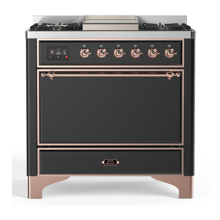 ILVE 36 Inch Majestic III Matte Graphite Dual Fuel Range with 6 Black Brass Burners, Griddle and Dual Function Burner up to 25,000 BTU in Solid Door Copper