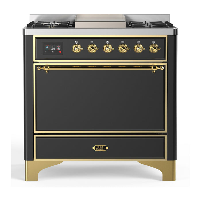 ILVE 36 Inch Majestic III Matte Graphite Dual Fuel Range with 6 Black Brass Burners, Griddle and Dual Function Burner up to 25,000 BTU in Solid Door Brass