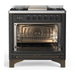 ILVE 36 Inch Majestic III Matte Graphite Dual Fuel Range with 6 Black Brass Burners, Griddle and Dual Function Burner up to 25,000 BTU in Triple Glass Door Open