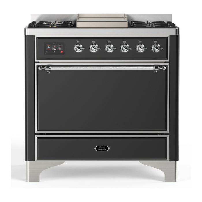 ILVE 36 Inch Majestic III Matte Graphite Dual Fuel Range with 6 Black Brass Burners, Griddle and Dual Function Burner up to 25,000 BTU in Solid Door Chrome