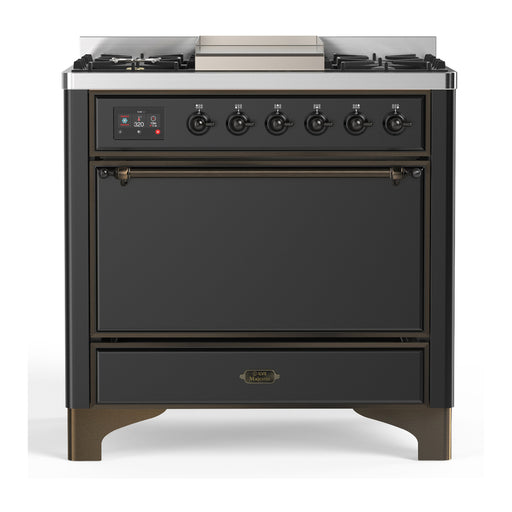 ILVE 36 Inch Majestic III Matte Graphite Dual Fuel Range with 6 Black Brass Burners, Griddle and Dual Function Burner up to 25,000 BTU in Solid Door Burnished