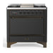ILVE 36 Inch Majestic III Matte Graphite Dual Fuel Range with 6 Black Brass Burners, Griddle and Dual Function Burner up to 25,000 BTU in Solid Door Burnished