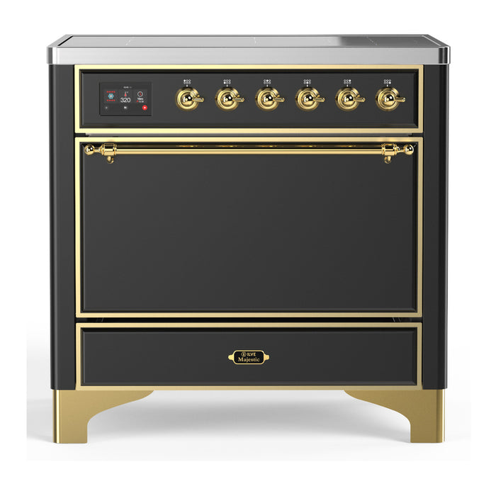 ILVE 36 Inch Majestic III Matte Graphite Induction with 6 Elements and 3.5 Cu. Ft. Oven Capacity in Solid Door Brass