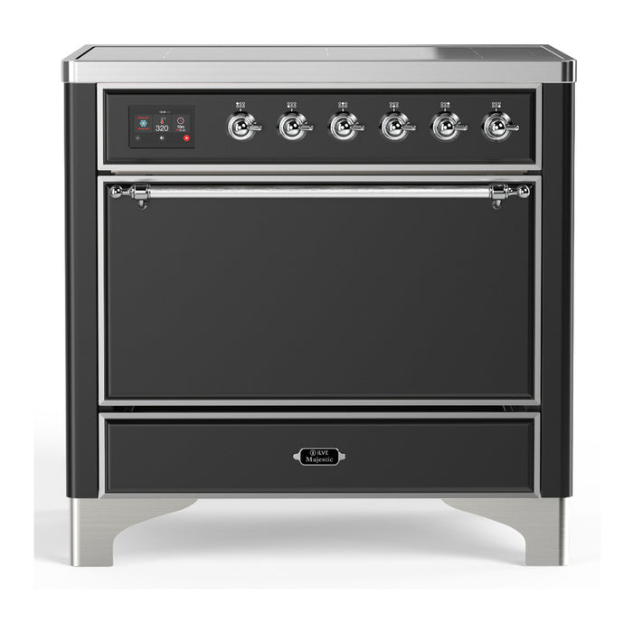ILVE 36 Inch Majestic III Matte Graphite Induction with 6 Elements and 3.5 Cu. Ft. Oven Capacity in Solid Door Chrome