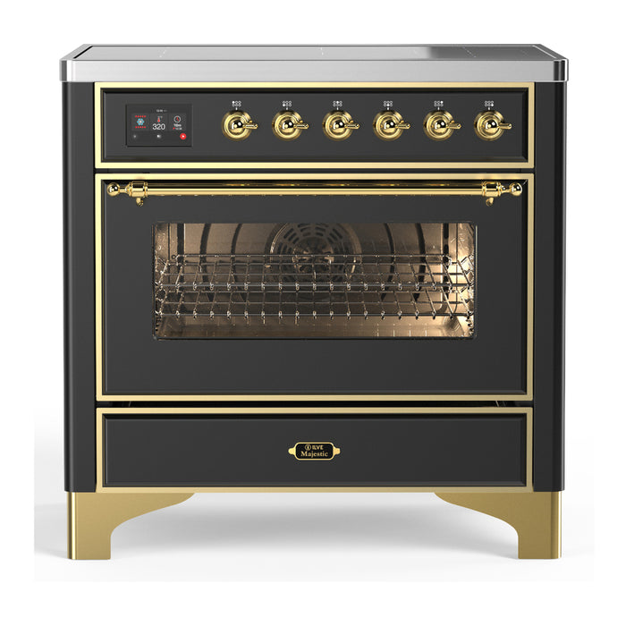 ILVE 36 Inch Majestic III Matte Graphite Induction with 6 Elements and 3.5 Cu. Ft. Oven Capacity in Triple Glass Door Brass