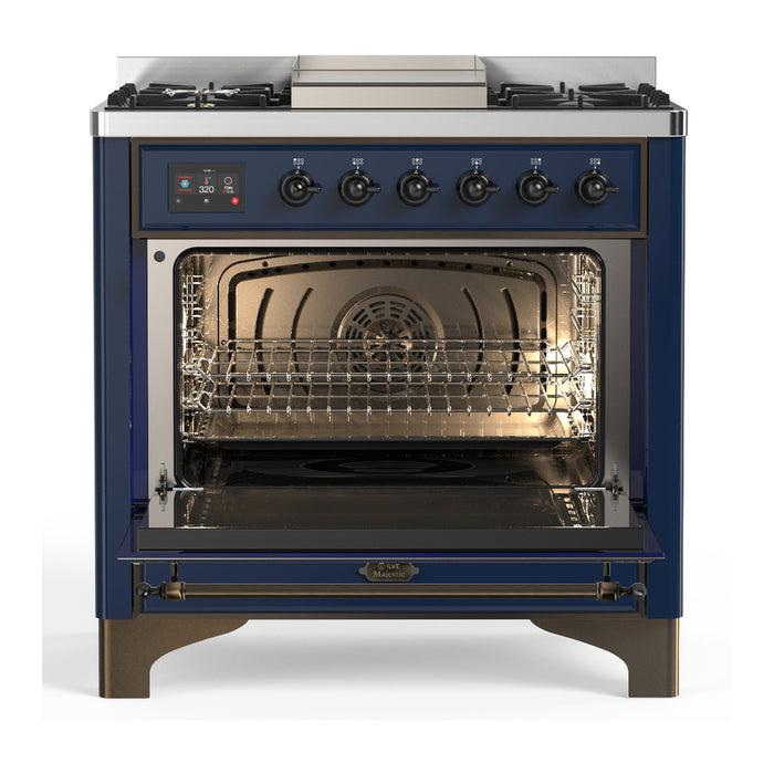 ILVE 36 Inch Majestic III Midnight Blue Dual Fuel Range with 6 Black Brass Burners, Griddle and Dual Function Burner up to 25,000 BTU in Solid Door Open