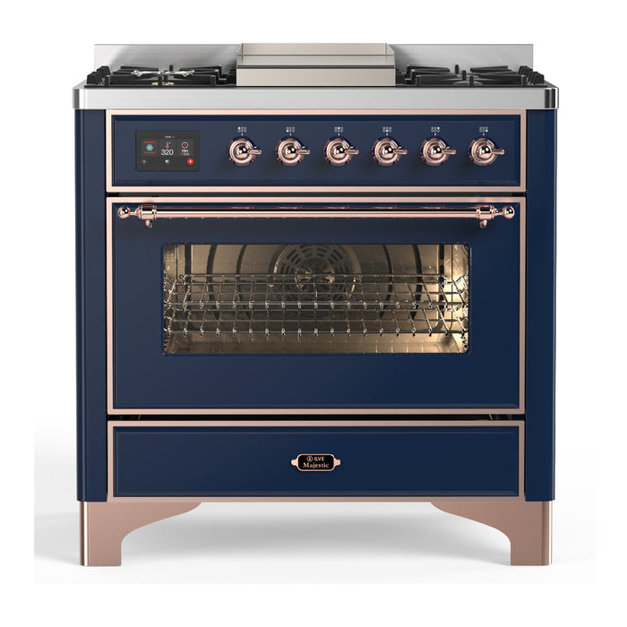 ILVE 36 Inch Majestic III Midnight Blue Dual Fuel Range with 6 Black Brass Burners, Griddle and Dual Function Burner up to 25,000 BTU in Triple Glass Door Copper