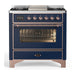 ILVE 36 Inch Majestic III Midnight Blue Dual Fuel Range with 6 Black Brass Burners, Griddle and Dual Function Burner up to 25,000 BTU in Triple Glass Door Copper