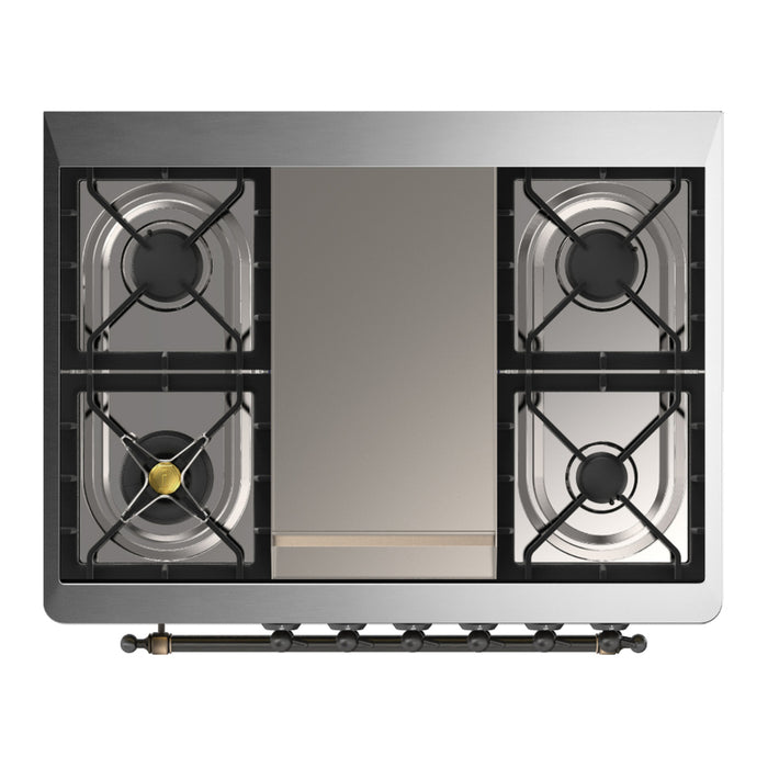 ILVE 36 Inch Majestic III Midnight Blue Dual Fuel Range with 6 Black Brass Burners, Griddle and Dual Function Burner up to 25,000 BTU in Triple Glass Door Cooktop