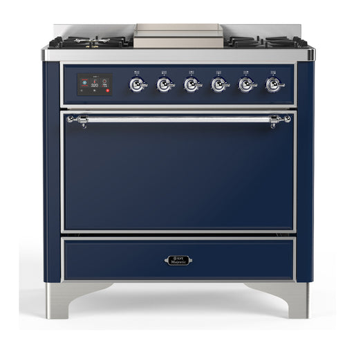 ILVE 36 Inch Majestic III Midnight Blue Dual Fuel Range with 6 Black Brass Burners, Griddle and Dual Function Burner up to 25,000 BTU in Solid Door Chrome