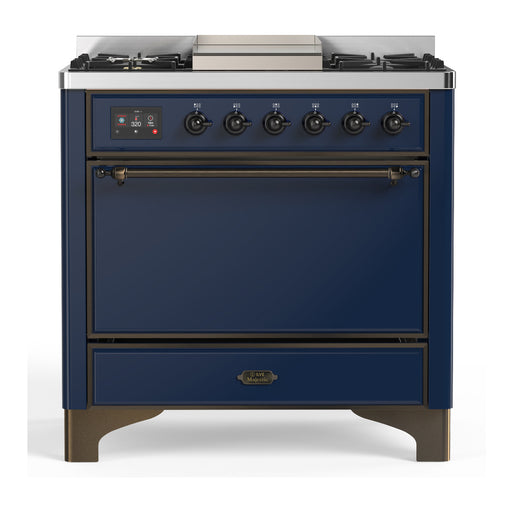ILVE 36 Inch Majestic III Midnight Blue Dual Fuel Range with 6 Black Brass Burners, Griddle and Dual Function Burner up to 25,000 BTU in Solid Door Burnished