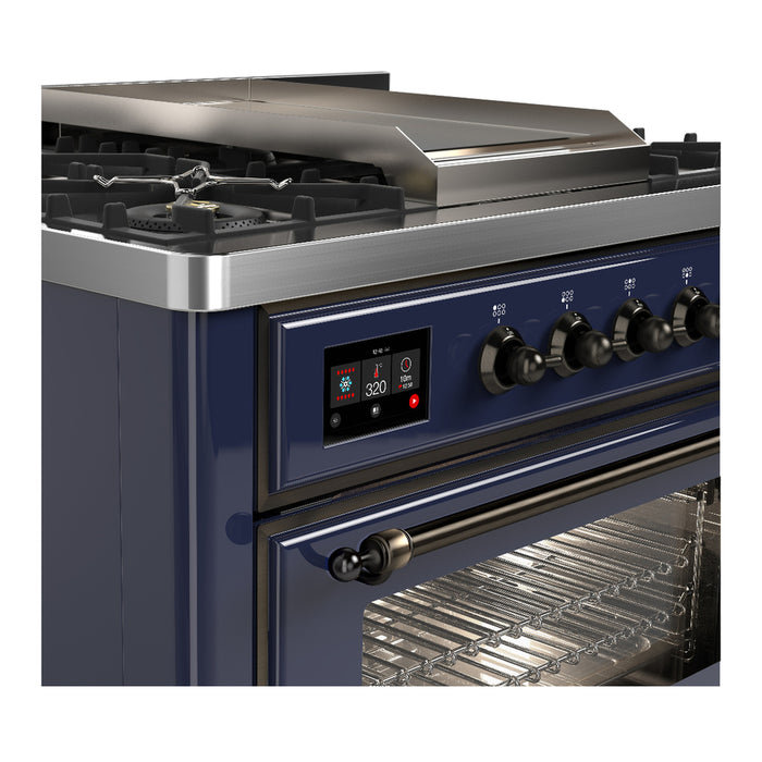 ILVE 36 Inch Majestic III Midnight Blue Dual Fuel Range with 6 Black Brass Burners, Griddle and Dual Function Burner up to 25,000 BTU in Triple Glass Door Side