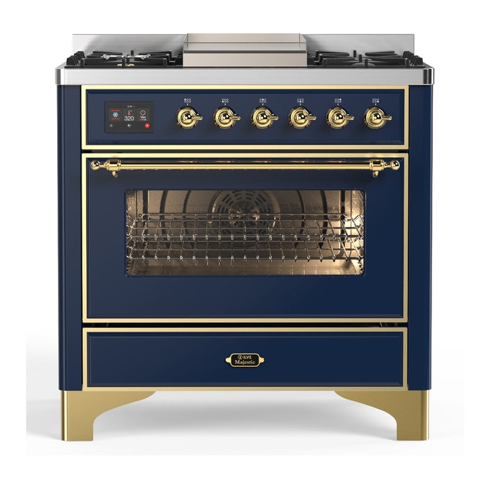 ILVE 36 Inch Majestic III Midnight Blue Dual Fuel Range with 6 Black Brass Burners, Griddle and Dual Function Burner up to 25,000 BTU in Triple Glass Door Brass