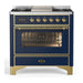 ILVE 36 Inch Majestic III Midnight Blue Dual Fuel Range with 6 Black Brass Burners, Griddle and Dual Function Burner up to 25,000 BTU in Triple Glass Door Brass