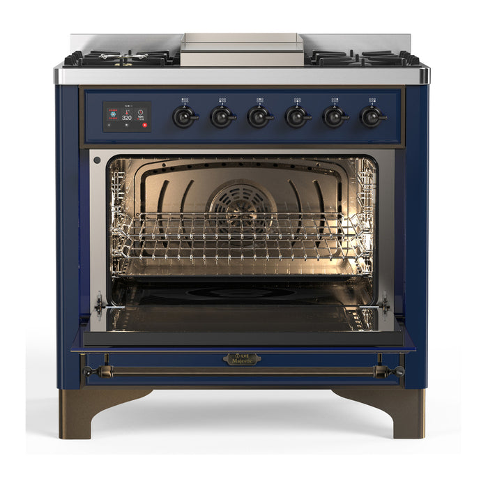 ILVE 36 Inch Majestic III Midnight Blue Dual Fuel Range with 6 Black Brass Burners, Griddle and Dual Function Burner up to 25,000 BTU in Triple Glass Door Open